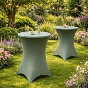 Deux tables mange-debout avec housses stretch vert sauges dressées dans un jardin fleuri pour cocktail en plein air