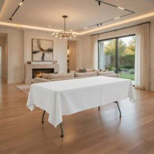 Table pliante avec nappe table nappe Table pliante rectangulaire recouverte d'une nappe blanche élégante dans un salon moderne et lumineux