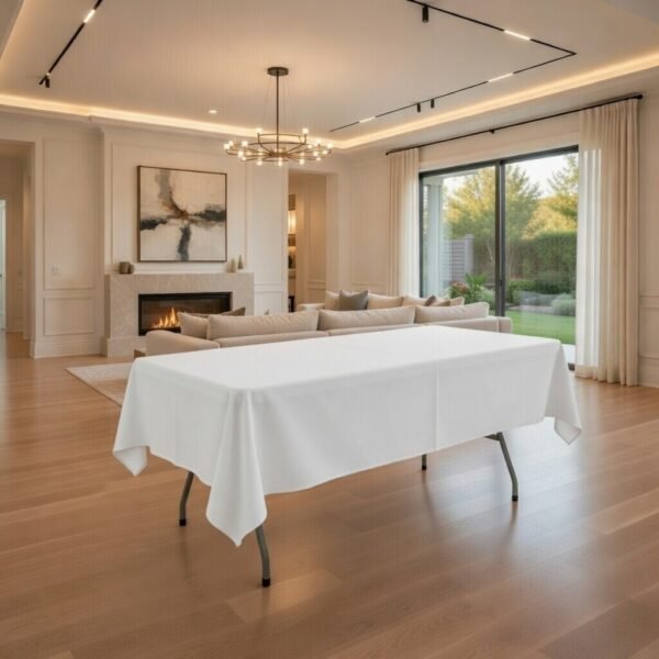 Table pliante avec nappe table nappe Table pliante rectangulaire recouverte d'une nappe blanche élégante dans un salon moderne et lumineux