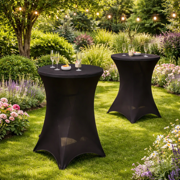 Housse noire mange debout Deux tables mange debout avec housses stretch noires dressées dans un jardin fleuri pour cocktail en plein air