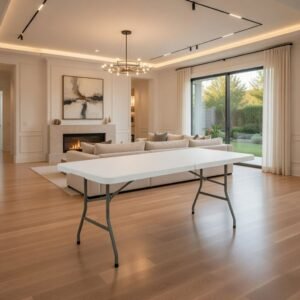 Table 6 personnes pliante rectangulaire blanche à pieds métalliques dans un salon moderne et lumineux